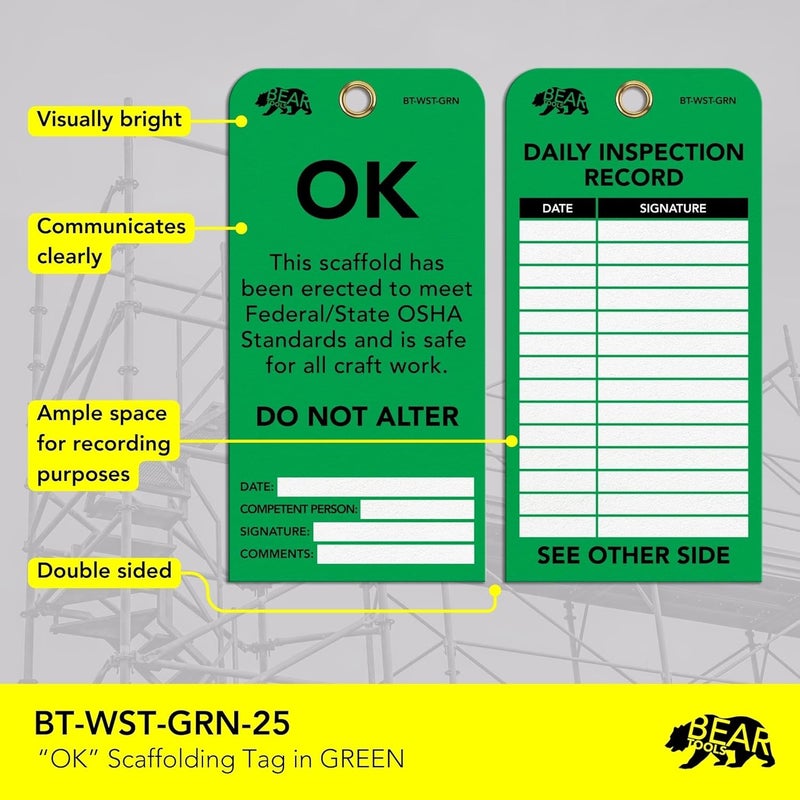 BearTOOLS Scaffold Tags - Safety Inspection Kit with Cable Ties - OK Scaffold Status Warning Sign - Laminated 3 x 6 in, Pack of 25 - Weatherproof, Tear-Resistant - Green Tags - Image 3